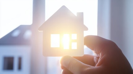 A hand holds a miniature house silhouette with sunlight illustrating the warmth of home and comfort.