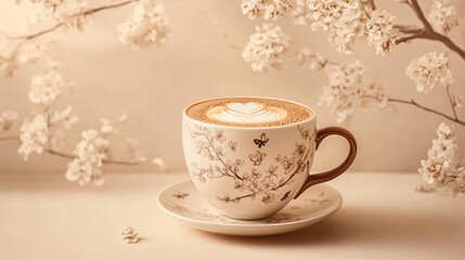 Fototapeta premium A classic flat white with intricate foam art, served in a ceramic cup, isolated on a warm beige background with delicate floral motifs