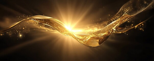 The rich, molten gold hue of the liquid appears to glow, casting a warm and inviting aura against the stark darkness of the background.