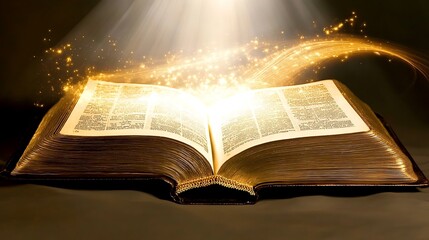 A closeup image of an ancient historical sacred book illuminated by a soft, radiant glow that evokes a sense of spirituality and reverence.