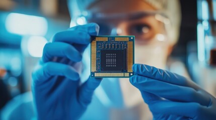 A microprocessor in the hands of a lab technician who presents the latest technological achievement