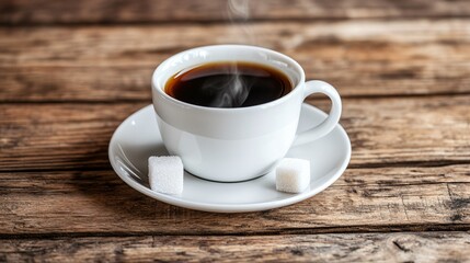 Fototapeta premium A cup of classic black coffee, placed on a white saucer with a single sugar cube on the side, isolated on a rustic wooden background with subtle steam details