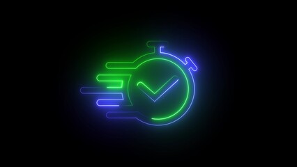 Glowing neon set time icon isolated on black background.