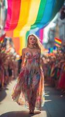 Fototapeta premium A transgender woman strides gracefully down the parade route, surrounded by cheering crowds celebrating LGBTQ pride, adorned in rainbow colors and festive attire
