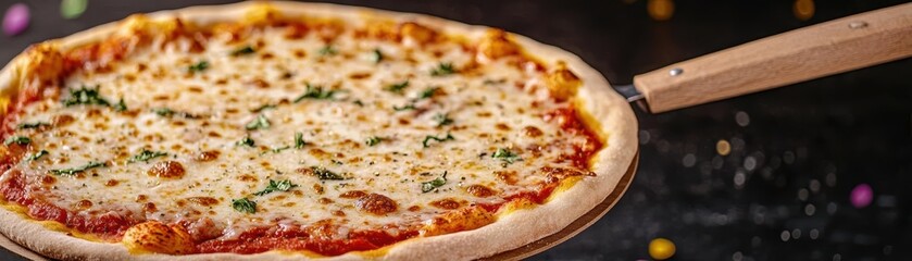 A vibrant pizza party scene featuring a variety of delicious pizzas with melting cheese