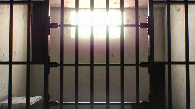 A prison cell with minimal furnishings, representing a long sentence served after a court ruling. The concept highlights the harsh reality of incarceration.