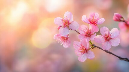 Obraz premium A close-up of delicate pink cherry blossoms against a soft, blurred background.