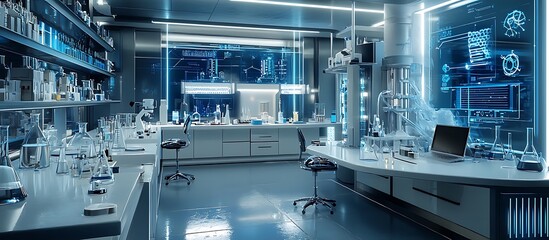 Sleek scientific aesthetics in a modern chemistry lab with advanced instruments.