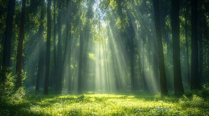 Obraz premium 2410_031.sunlight streaming through dense green trees, illuminating a lush forest clearing, vibrant grass in the foreground, soft rays of light filtering through leaves, tranquil and peaceful nature