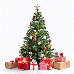 Christmas tree with Christmas ornaments and Christmas gifts beside it. isolated on white background