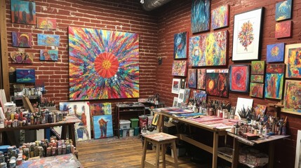 An artist's workshop with a bright red brick wall covered in colorful paintings and art supplies
