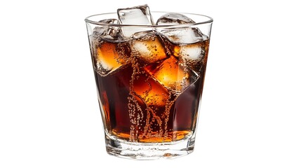 A refreshing glass of fizzy soda with ice cubes, condensation running down the sides against a clean white background, perfect for a summer drink concept.