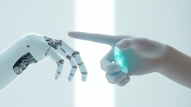 A close-up of a robot hand reaching towards a human finger, symbolizing connection between humanity and technology.