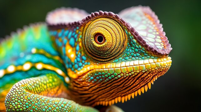 Closeup shot of a colorful chameleons eye, displaying intricate patterns and vivid hues, capturing the mesmerizing beauty of natures design.