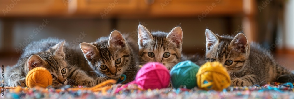 Poster four adorable kittens are joyfully playing with vibrant yarn balls, showcasing their playful antics 