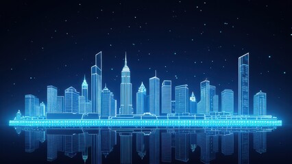 Futuristic city skyline with glowing outlines of skyscrapers and falling snow, creating a wintery and modern urban scene