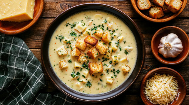 soupe de l&eacute;gumes avec croutons, persil, ail - petits bols autour avec ingr&eacute;dients - vu de dessus
