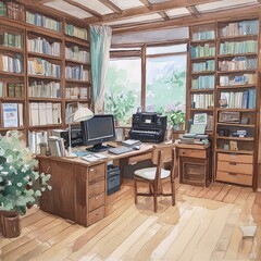 Cozy home office with wooden furniture and shelves filled with books.