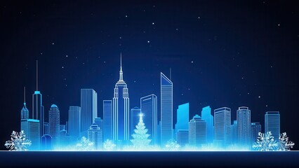 Futuristic city skyline with glowing outlines of skyscrapers and falling snow, creating a wintery and modern urban scene