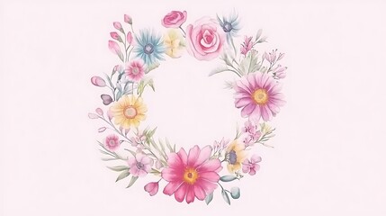 Handdrawn botanical elements create a charming circular wreath of blooms in soft pastel hues, ideal for adding a touch of natureinspired elegance to your designs.