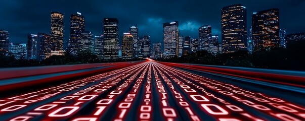 Digital binary code flowing towards a futuristic city skyline at night.