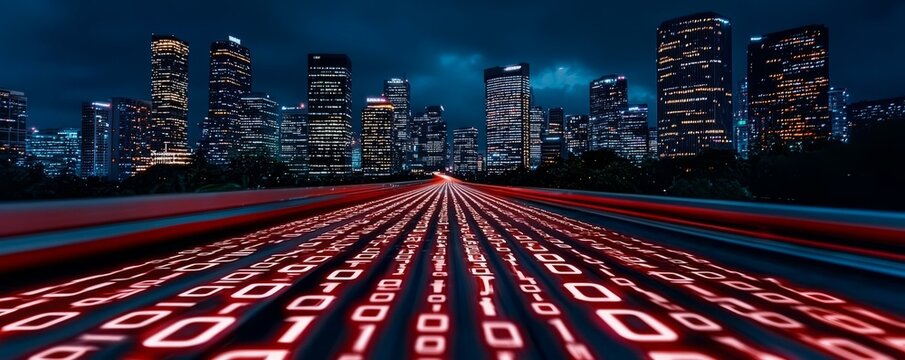 Digital binary code flowing towards a futuristic city skyline at night.