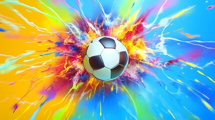 Naklejka premium This captivating stock photo showcases a soccer ball placed in front of a dramatic burst of paint on a bright background template