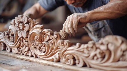 a woodworker shaping intricate designs in wood, representing the art and precision of woodworking