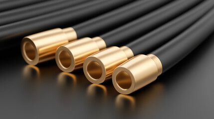 Fototapeta premium A row of sound cables black wires with gold ends