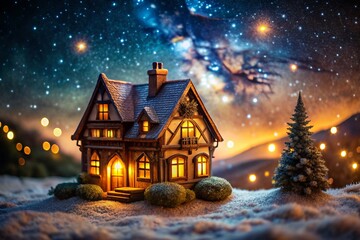 Fototapeta premium Night Photography of Miniature House Model with Lifelike Details, Illuminated by Soft Lights, Surrounded by a Dreamy Atmosphere, Perfect for Architectural Display and Model Enthusiasts