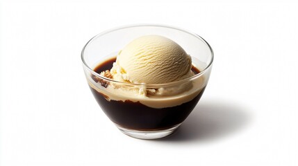 An affogato with a scoop of vanilla ice cream drowning in espresso, placed in a clear glass bowl, isolated on a white background with subtle shadow effects