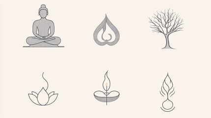 2410_047.minimalist vector icons for a yoga and meditation retreat, featuring clean line drawings of a lotus flower, yin yang symbol, meditation figure, incense burner, and tree of life the design is