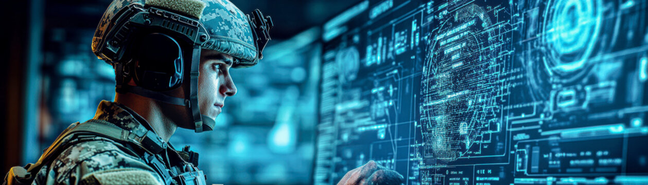 A soldier is looking at a computer screen with a blue background