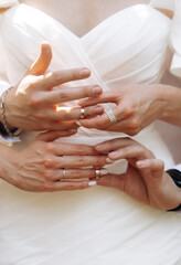 Newlyweds puts a gold engagement rings each other. Wedding rings