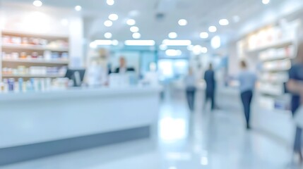 Blurred drugstore ambiance with a focused view on the pharmacy counter.