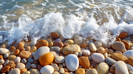 A beach covered in smooth pebbles with gentle waves crashing against the shore.