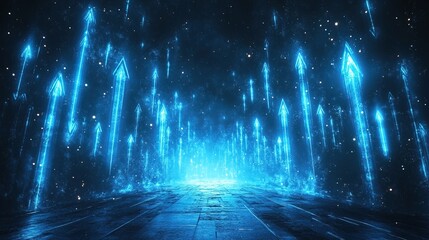 Obraz premium Abstract background with blue glowing arrows pointing upwards 