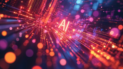 Fototapeta premium AI word in electronic stream of data and colorful light spread copyspace banner background