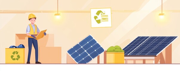 Worker analyzing solar panels in a green energy facility. Focus on renewable energy, recycling, and sustainable practices.