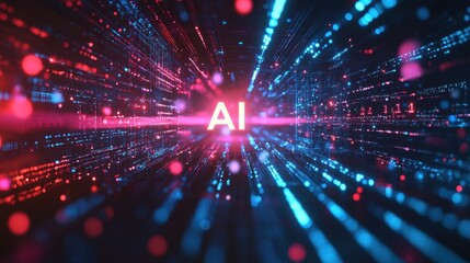 Obraz premium AI word in electronic stream of data and colorful light spread copyspace banner background