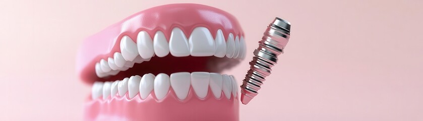 Obraz premium Modern dental implant design, pink gumline in soft pink background, dental care, simple and professional dental aesthetic