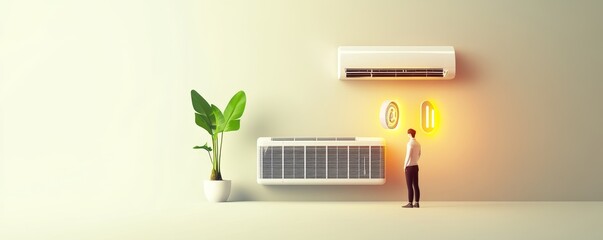 A person admires an air conditioner and a plant, showcasing modern home comfort and stylish interior design.