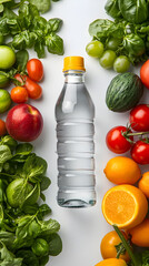 A clear bottle of water arranged with vibrant greens and vegetables white background