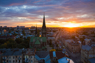 Fototapeta premium Aerial veiw on Elizabeth church in Lviv, Ukraine from drone.