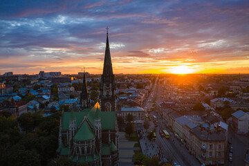 Fototapeta premium Aerial veiw on Elizabeth church in Lviv, Ukraine from drone.