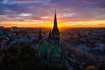 Obraz premium Aerial veiw on Elizabeth church in Lviv, Ukraine from drone.