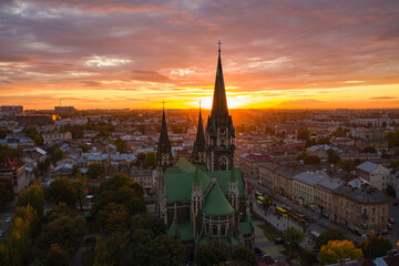 Fototapeta premium Aerial veiw on Elizabeth church in Lviv, Ukraine from drone.