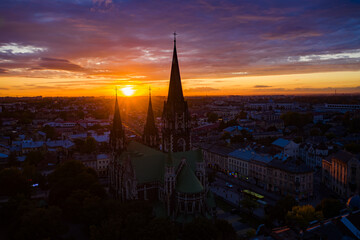Obraz premium Aerial veiw on Elizabeth church in Lviv, Ukraine from drone.