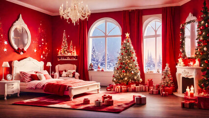 クリスマスツリーが飾られた赤い部屋