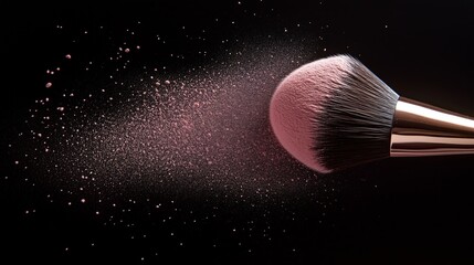 Elegant Makeup Brush with Floating Pink Powder in Motion, Highlighting Beauty and Glamour
